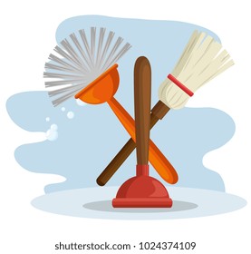 cleaning supplies with brush and broom