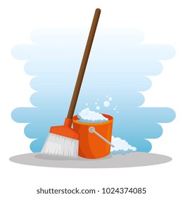 cleaning supplies with bucket and broom