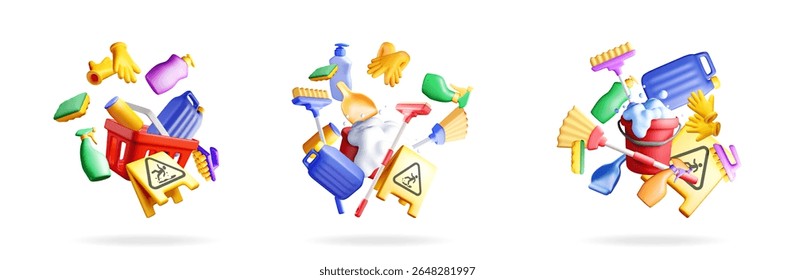 Cleaning supplies and bucket full of foam with caution sign. Household hygiene maintenance and professional service concept for home or office.