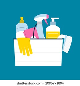 Cleaning supplies bucket with gloves, brush and detergent bottles. Flat illustration of housekeeping products for professional cleanup.