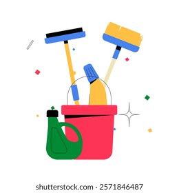 Cleaning Supplies In Bucket With Mop And Detergent In Flat Vector Illustration Symbolizing Home Cleaning, Hygiene, And Maintenance, Isolated On White Background