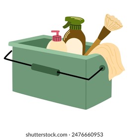 Cleaning supplies in bucket. Spray bottle, cleansing chemical product, detergent for clean house. Household accessories, housework items. Flat vector illustration isolated on white background