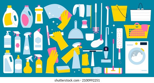 Cleaning supplies bundle. Hands in gloves, equipment and detergent bottles. Flat illustration of housekeeping products for professional cleanup.