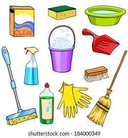 Cleaning supplies cartoon set