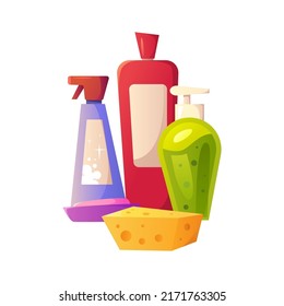 
Cleaning supplies in cartoon style vector illustration isolated. Plastic Bottles, Sponge and Soap.