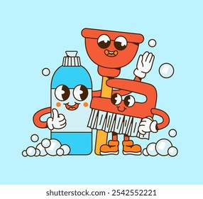 Cleaning supplies characters including a toilet plunger, brush, and detergent bottle with soap bubbles on a light blue background. Cartoon groovy illustration.