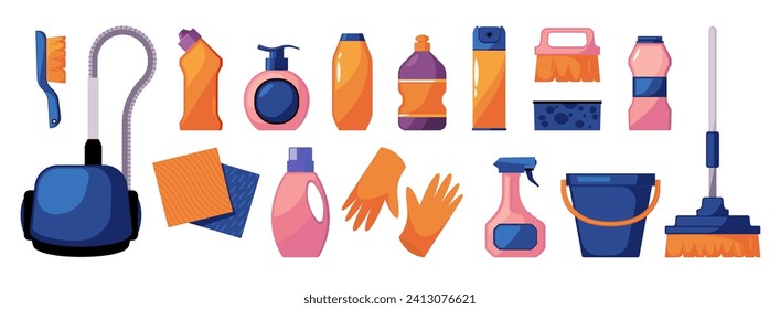 Cleaning supplies. Clean service tools kit, domestic cleaning product, chemical detergent liquid bleach bottle, home sanitation. Vector set of tools for housework and cleaner housekeeping illustration