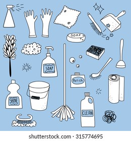 Cleaning supplies doodle clip art icons