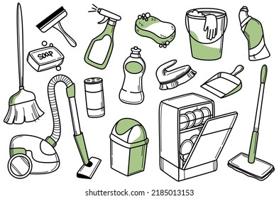 Cleaning supplies doodle icons. Hand drawn set of detergents, household tools for clean, sponge, vacuum cleaner, spray bottle, floor mop, broom, bucket and dishwasher. Equipment for housework concept.