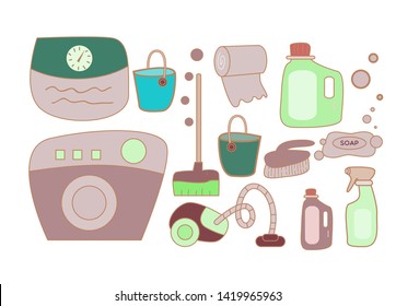 Cleaning supplies doodle isolated on white background