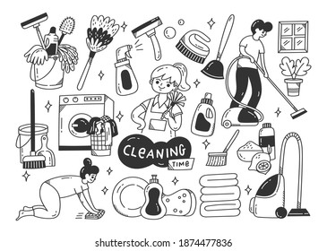 Cleaning supplies doodle isolated on white background