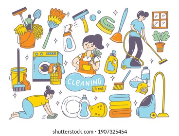 Cleaning supplies doodle isolated on white background