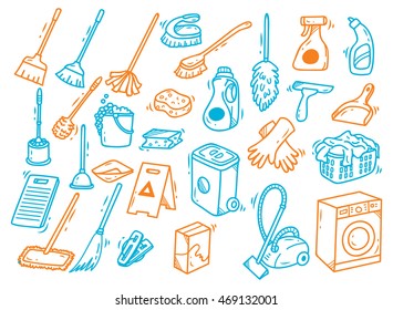 Cleaning supplies doodle isolated on white background