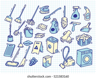 Cleaning supplies doodle on paper background