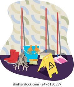 Cleaning Supplies and Equipment - rubber boots, buckets, broom, mop, wet ground sigh