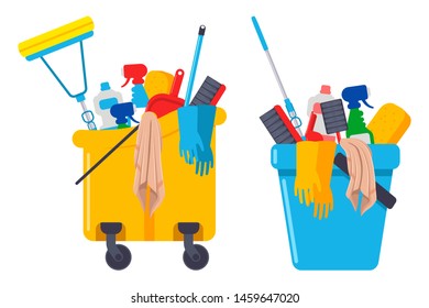 Cleaning supplies and equipments in bucket vector cartoon set isolated on a white background.
