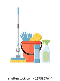 Cleaning supplies in flat cartoon style vector illustration isolated on white background.