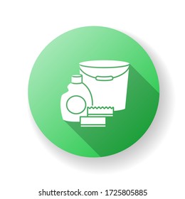 Cleaning supplies green flat design long shadow glyph icon. Detergent for sanitation. Disinfectant in bottle. Bucket for washing. Chemical agent for housework. Silhouette RGB color illustration