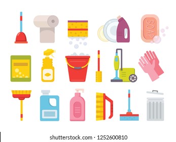 Cleaning Supplies. Home Clean Tools. Brush, Bucket Window Wipes And Chemicals Tool. Broom, Antiseptic Wipes And Rubber Gloves Washing Detergents Vector Isolated Icons Set