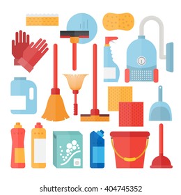 Cleaning supplies and household equipment tools. Vector set 