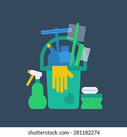 Cleaning supplies, household services, housekeeping works. Products for cleaning home, house chores, bucket and glove, flat icon vector illustration