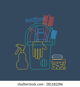 Cleaning supplies, household services, housekeeping works. Products for cleaning home, house chores, bucket and glove, linear icon vector illustration