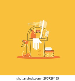 Cleaning supplies, household services, housekeeping works. Products for cleaning home, house chores, bucket and glove, linear icon vector illustration