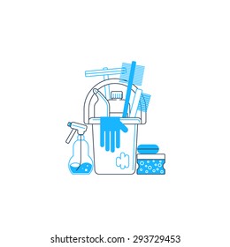 Cleaning supplies, household services, housekeeping works. Products for cleaning home, house chores, bucket and glove, linear icon vector illustration