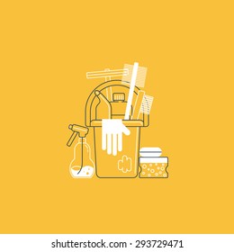 Cleaning supplies, household services, housekeeping works. Products for cleaning home, house chores, bucket and glove, linear icon vector illustration