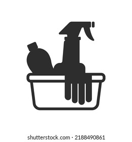 Cleaning supplies icon. Container of cleaning media and gloves. Monochrome symbol. Vector illustration