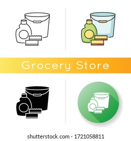 Cleaning supplies icon. Detergent for sanitation. Disinfectant in bottle. Bucket for washing. Household domestic equipment. Linear black and RGB color styles. Isolated vector illustrations