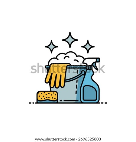 Cleaning Supplies Icon Featuring a Bucket, Gloves, Spray Bottle, and Sponge for All Your Cleaning Needs