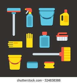 Cleaning supplies icons in flat cartoon style. Vector illustration.