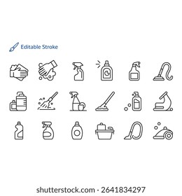 Cleaning supplies icons set isolated on white background editable stroke