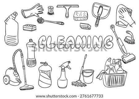 Cleaning supplies illustration featuring various tools and products including a vacuum cleaner, spray bottles, sponges, and gloves arranged around the word CLEANING