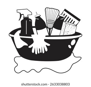 Cleaning supplies including spray bottles, gloves, sponge, broom in a basin