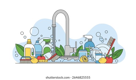 Cleaning supplies for the kitchen sink and surrounding area with lemons and brushes a fresh and natural approach to hygiene