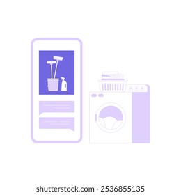 Cleaning Supplies, Laundry Machine, And Smartphone With Cleaning Service App In Flat Vector Illustration Symbolizing Home Chores And Service Booking, Isolated On White Background