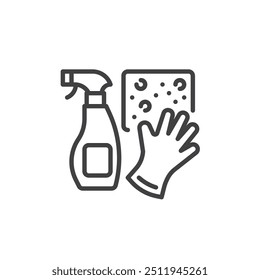 Icono de línea de suministros de limpieza. signo de estilo lineal para concepto móvil y Diseño web. Botella de aerosol, esponja y guantes de limpieza delinean el ícono de Vector. Símbolo, ilustración del logotipo. Gráficos de Vector