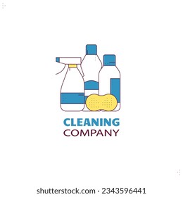 Cleaning supplies line style vector. Sponge and cleaning bottles with chemicals, color simple line vector. Cleaning company logo in simple line style. Home cleanign service. 