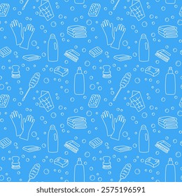 Cleaning supplies outline seamless pattern. Simple hand drawn Cleaning tools. Blue fresh washing background. Template for business package wraps