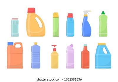 Cleaning supplies products, plastic detergents containers. Chemical clean bottles. House cleaning tools bottles and boxes pack isolated on white background. Flat design. Vector illustration, eps 10.