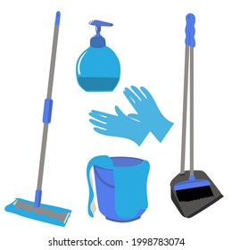 Productos de limpieza. Elementos domésticos, mopa, cuchara, guantes, jabón líquido. Juego de vectores de limpieza doméstica.
