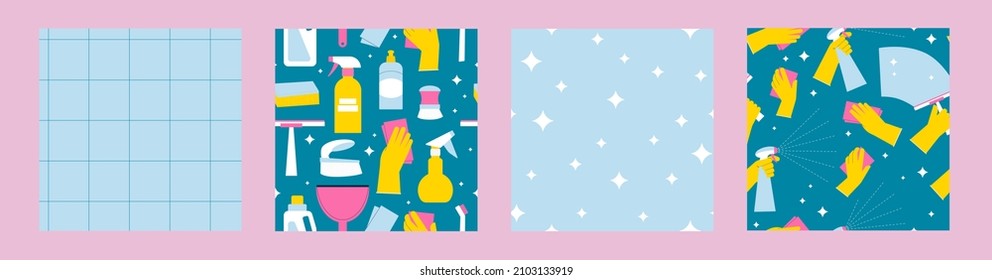 Cleaning supplies seamless pattern collection. Hands in gloves, brush and detergent bottles. Flat illustration of housekeeping products for professional cleanup. Gingham and shine background.