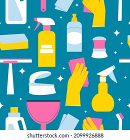 Cleaning supplies seamless pattern. Hands in gloves, brush and detergent bottles. Flat illustration of housekeeping products for professional cleanup.