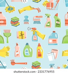 Cleaning supplies seamless pattern. Vector illustration of detergent bottles, brushes, bucket and mop, sponges and rubber gloves. Household chores concept in flat hand drawn style.