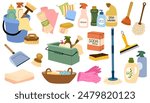 Cleaning supplies set. Home chemical detergent in bottles, household tools, equipment. Brush, mop and gloves, housework accessories. Flat graphic vector illustrations isolated on white background 