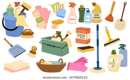 Cleaning supplies set. Home chemical detergent in bottles, household tools, equipment. Brush, mop and gloves, housework accessories. Flat graphic vector illustrations isolated on white background 