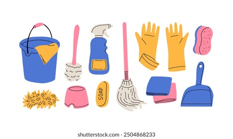 Conjunto de suministros de limpieza. Detergente químico casero en botellas, herramientas del hogar, equipo. Cepillo, fregona y guantes, accesorios para el hogar. Ilustraciones vectoriales gráficas planas aisladas sobre fondo blanco