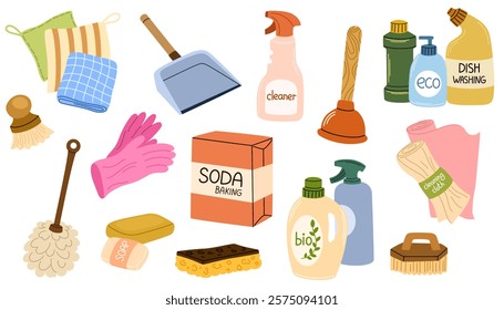 Cleaning supplies set. Home chemical detergent in bottles, household tools, equipment. Brush, mop and gloves, housework accessories. Flat graphic vector illustrations isolated on white background